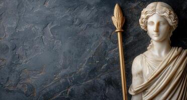 ancient greek statue and feather on dark background photo