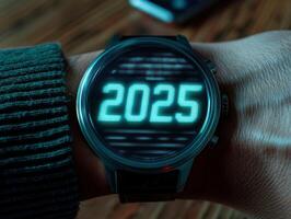 digital watch displaying the time 2025 photo