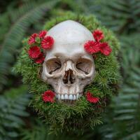 Skull surrounded by red flowers in nature photo