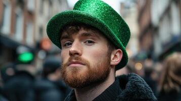 man with green glittery hat and beard photo