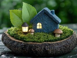 Miniature fairy house in moss covered forest scene photo