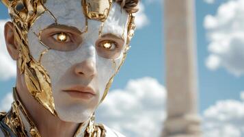 golden futuristic cyborg face against cloudy sky photo
