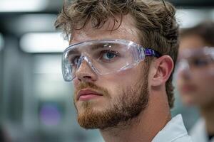 man in safety goggles with serious expression photo