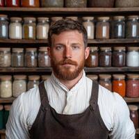 Bearded man in apron standing in front of shelves with jars photo