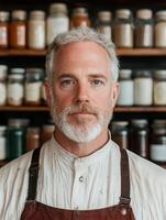 Mature man with gray beard and suspenders in front of shelves photo