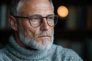 Thoughtful senior man with beard and glasses photo