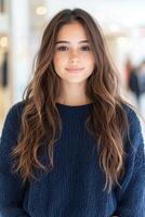 Smiling young woman with long wavy hair photo