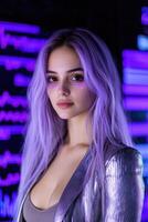 Glamorous woman with purple hair and makeup photo