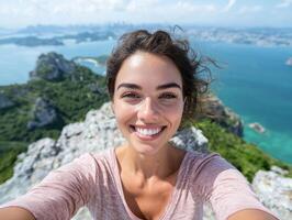 smiling woman taking selfie on mountain top overlooking ocean photo