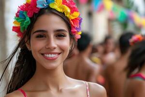 Smiling woman with colorful flower crown photo