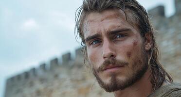 Rugged man with windblown hair and beard photo