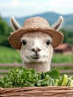 Smiling llama wearing straw hat in field photo