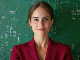 Confident businesswoman in red jacket standing in front of circuit board background photo
