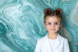 young girl in lab coat and safety glasses smiling against abstract marble background photo
