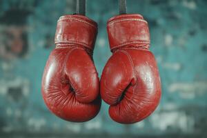 Pair of worn red leather boxing gloves photo