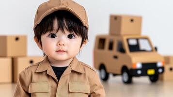 Adorable toddler in uniform standing in front of moving boxes photo