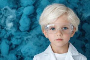young scientist in protective eyewear and lab coat photo