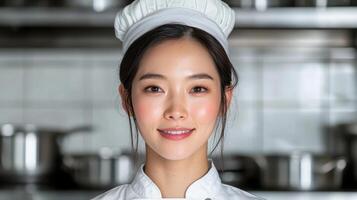 Confident female chef in uniform smiling at camera photo