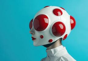 futuristic robot with large red eyes photo