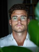 Thoughtful man with glasses and beard photo