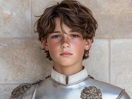 young boy with curly hair and freckles wearing futuristic armor photo