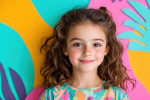 smiling girl with curly hair and colorful background photo