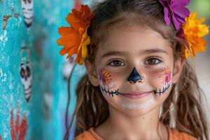 smiling girl with face painted for day of the dead photo