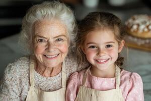 Smiling grandmother and granddaughter in aprons photo