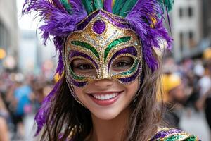 Smiling woman wearing colorful feathered carnival mask photo