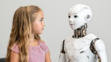 young girl interacting with robot photo