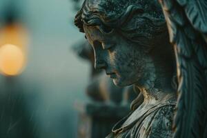 Weathered stone statue in contemplative pose photo