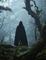 Mysterious figure in dark cloak standing in eerie forest photo