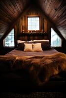 cozy rustic cabin bedroom with fur blanket photo