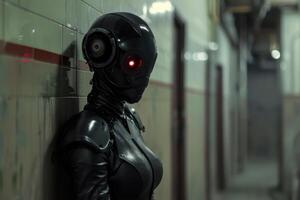 Futuristic robot with glowing red eyes photo