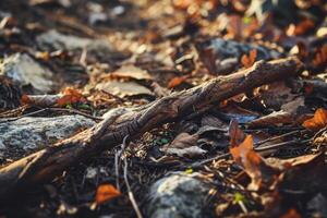 Fallen leaves and branches on the forest floor photo