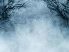 Mysterious forest scene with eerie fog and bare trees photo