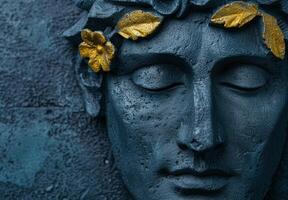 Serene buddha statue with golden floral accents photo