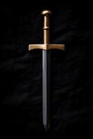 Ornate golden sword on black background photo