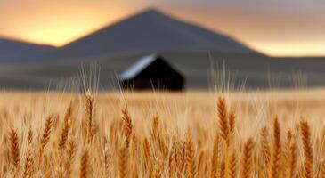 Wheat field with barn in the distance at sunset photo