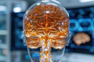 Detailed view of a human brain model in a glass container photo