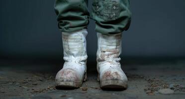 Worn military boots on muddy ground photo