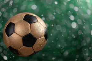 golden soccer ball on green bokeh background photo