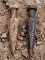 Rusty nails in the dirt photo