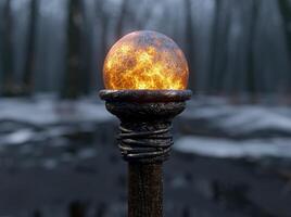 Glowing orb on a dark forest backdrop photo