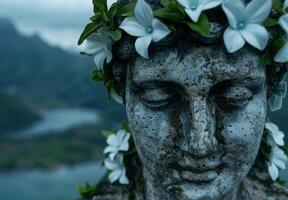 serene stone buddha statue with white flowers photo