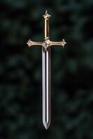 Ornate golden cross sword on dark background photo