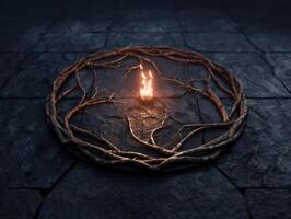 Burning fire in a twisted twig nest photo