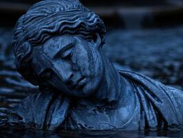 Weathered stone statue in dark, moody waters photo