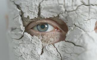 Mysterious eye peeking through cracked concrete surface photo