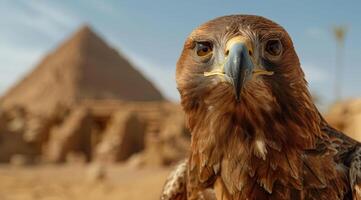 close up of a majestic eagle with the great pyramids in the background photo